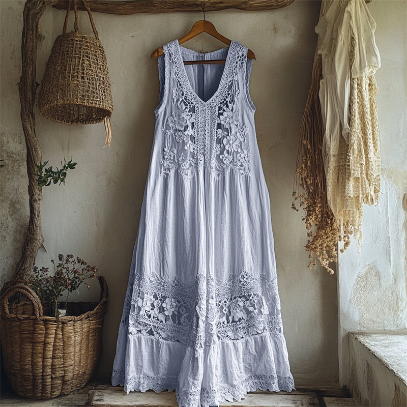 Vintage Floral Hollow Lace Patchwork Linen Maxi Dress artswardrobe