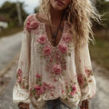 Women's Vintage Rose Floral Embroidery Art Comfy Linen Shirts artswardrobe