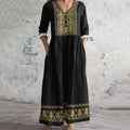 Women's Vintage Tribal Embroidered Casual Linen Dress artswardrobe