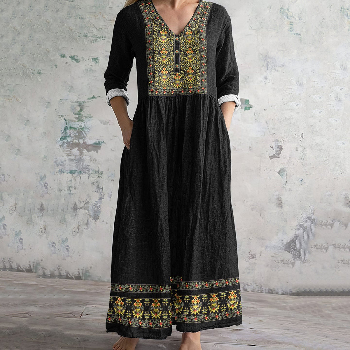 Women's Vintage Tribal Embroidered Casual Linen Dress artswardrobe