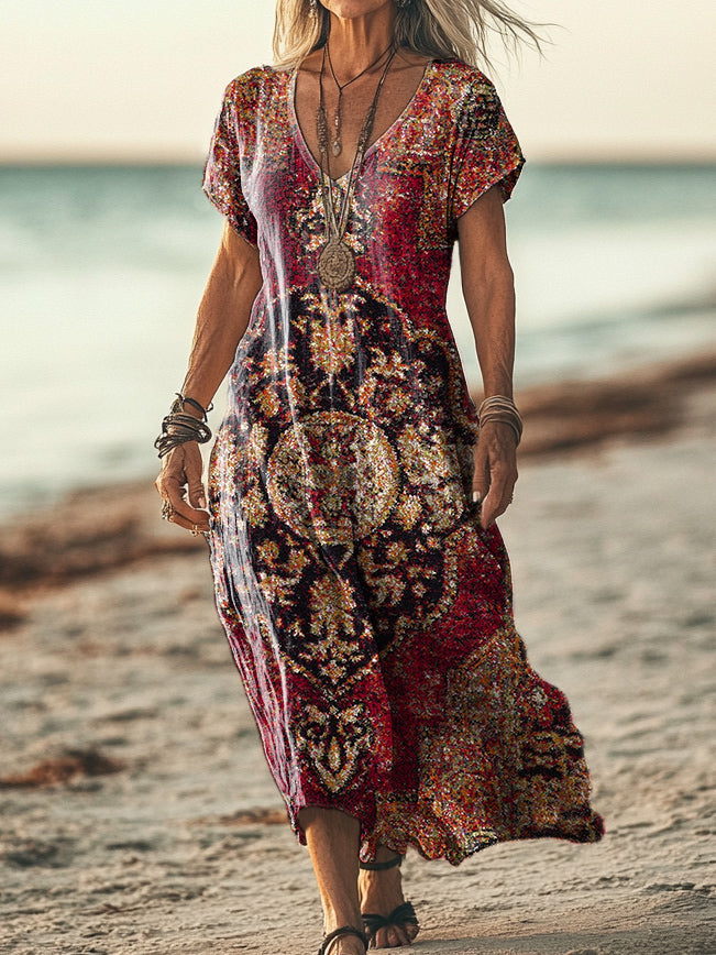 Women's Ethnic Tattoo Pattern Art Print Pocket Cotton Dresses