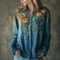 Vintage Roses Embroidered Gradient Linen Shirt artswardrobe