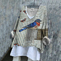 Women's Vintage Striped Butterfly And Bird Art Embroidery Cotton And Linen Shirt artswardrobe