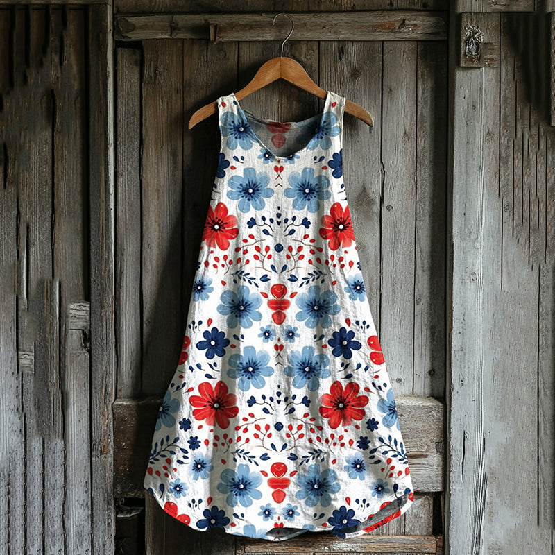 Vintage Loose Independence Day American Floral Patriotic Fourth Of July Art Linen Tank Dress artswardrobe