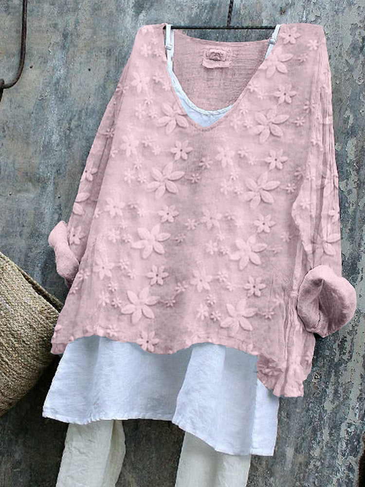 Comstylish Floral Lace Embroidered Linen Blend Tunic