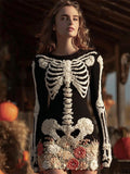 Comstylish Halloween Skeleton & Floral Art Women's Knit Mini Dress