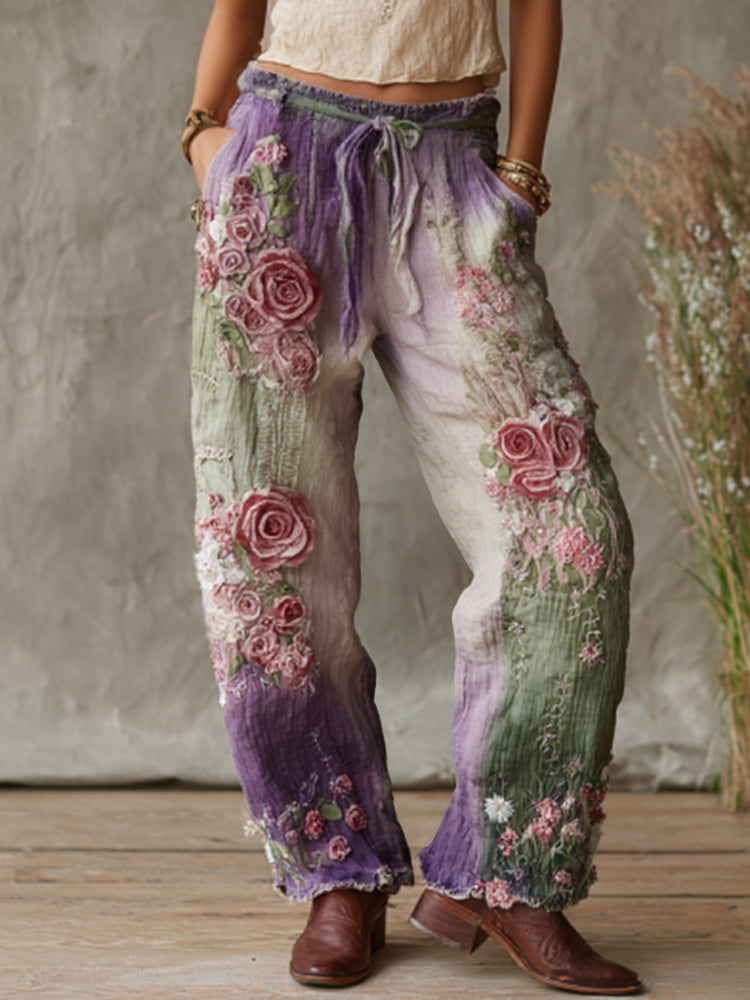 Love & Health Collection Retro Western Women Style Vintage Rose And Floral Patchwork Art Linen Pants artswardrobe