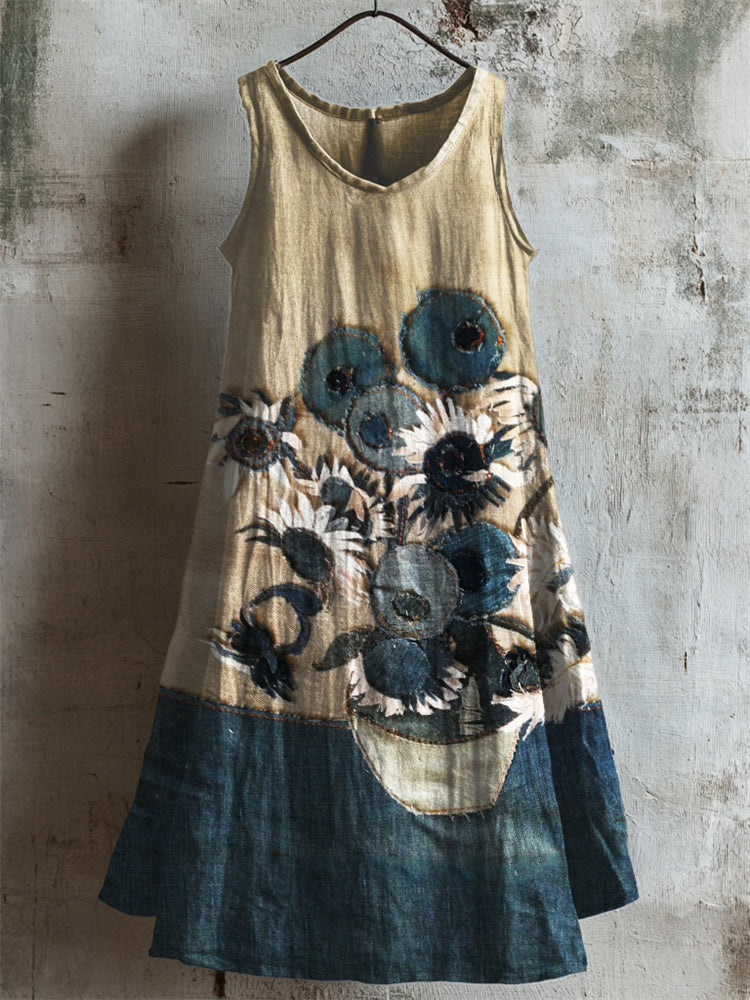 Sunflowers Denim Fiber Art Linen Tank Dress artswardrobe