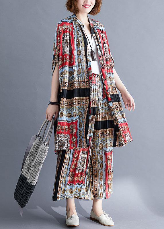 Chiffon Pints Shirt Dresses and Elastic Waist Wide Leg Pants Red Black Prints Two Pieces