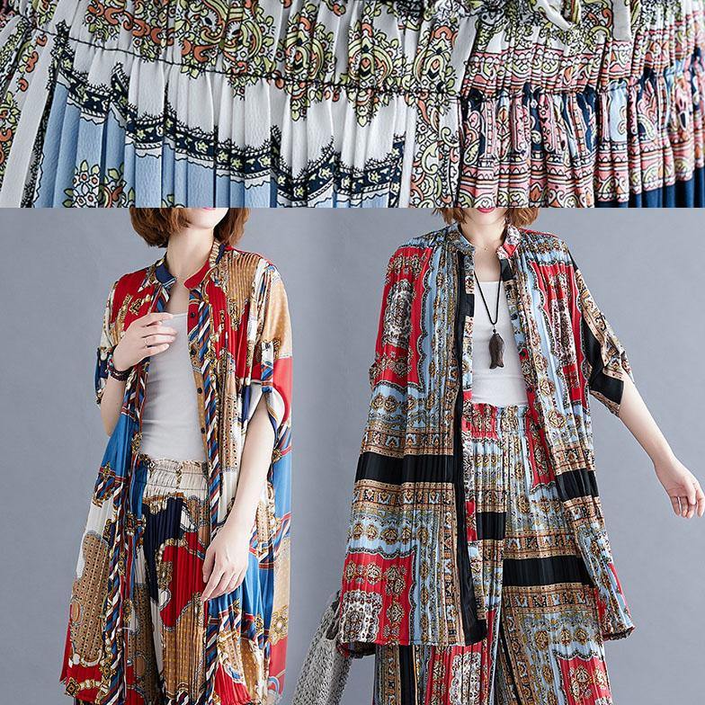 Chiffon Pints Shirt Dresses and Elastic Waist Wide Leg Pants Red Black Prints Two Pieces