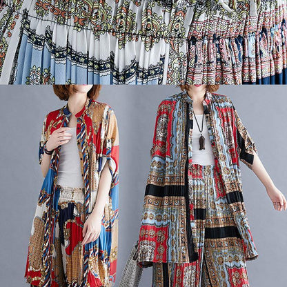 Chiffon Pints Shirt Dresses and Elastic Waist Wide Leg Pants Red Black Prints Two Pieces