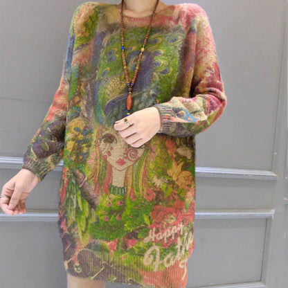 New Girl Print Cotton Sweater Tops Mid Long Knit Pullover