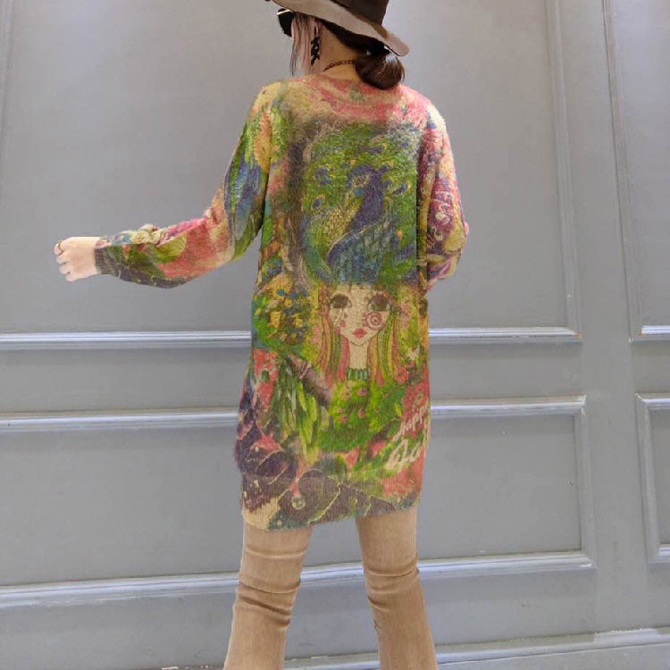 New Girl Print Cotton Sweater Tops Mid Long Knit Pullover