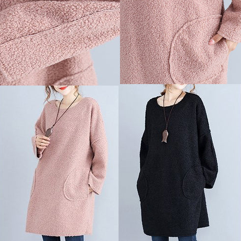 Warm Pink Corduroy Mid Shift Dresses Oversize Big Pockets Knit Dress