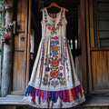 Vintage Boho Purple Floral Embroidery Design Women's Tank Dress artswardrobe