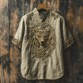 Men's Viking Celtic Knot Wolf Head Linen Shirt artswardrobe