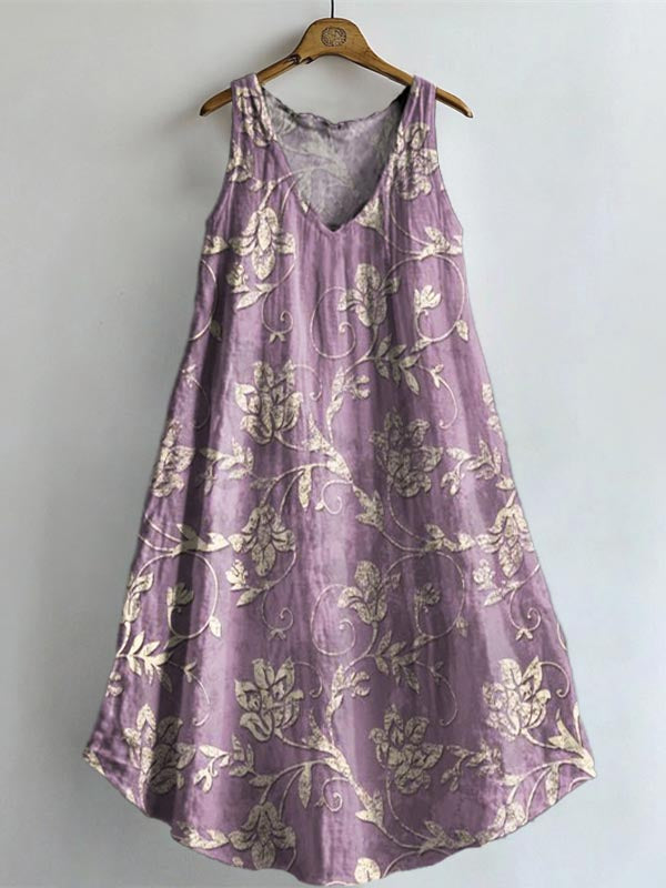 Women's Folk Art Floral Print V-neck Pocket Cotton Dress