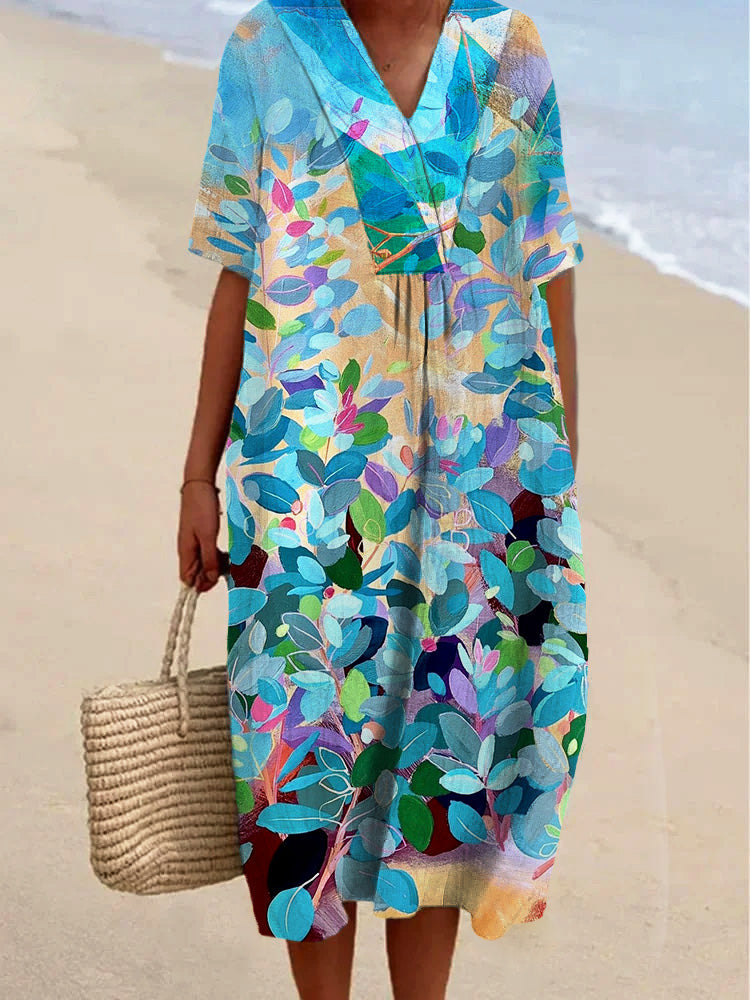 Colored Leaves Printed Women's Casual Cotton And Linen
