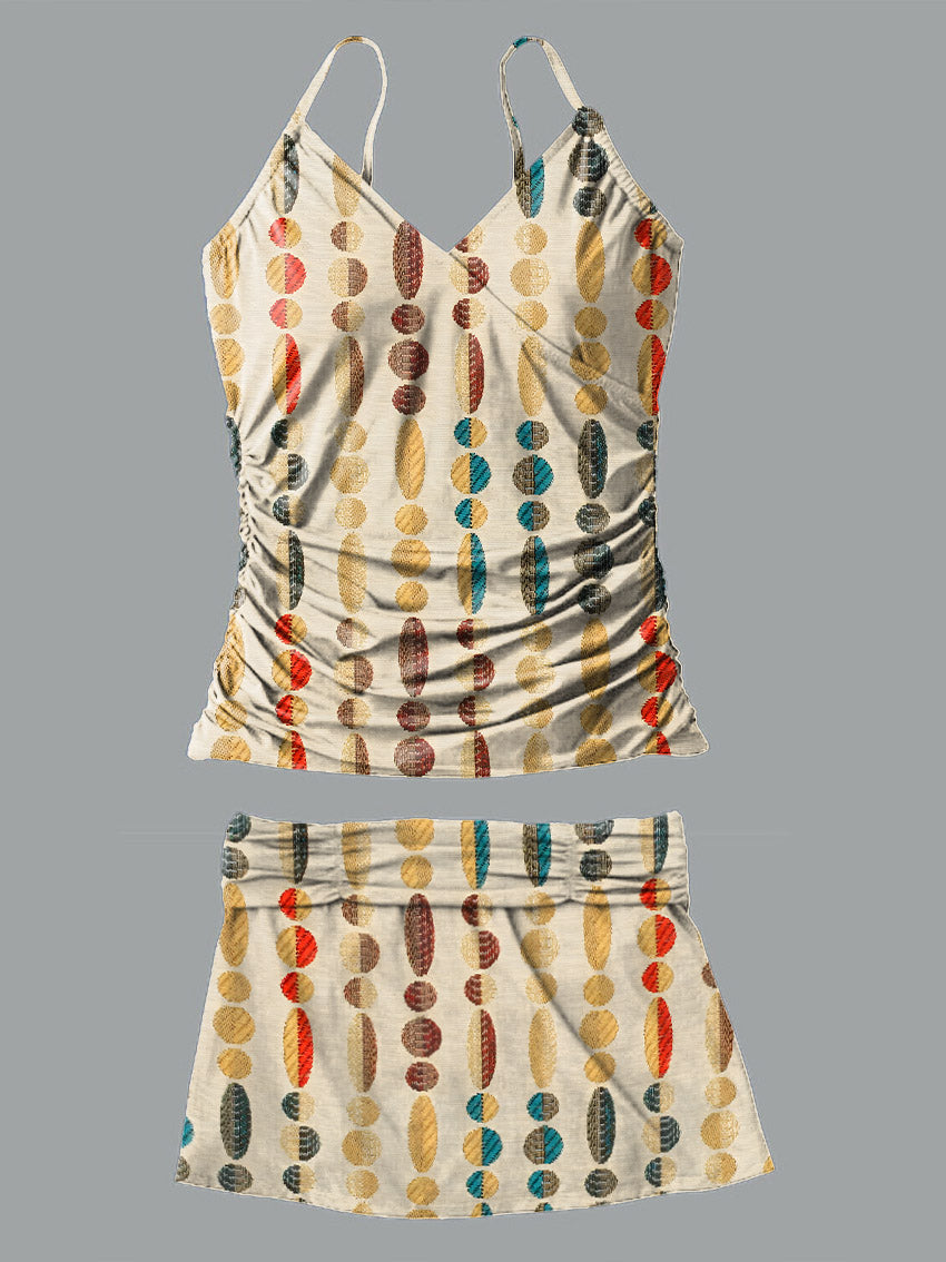 V-Neck Retro Ethnic Geometry Art Print Suspender Skirt Tankini Pantskirt Set Swimsuit