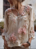Comstylish Bohemian Style Round Neck Short Sleeve Three-dimensional Flower Design Women's Thin Top