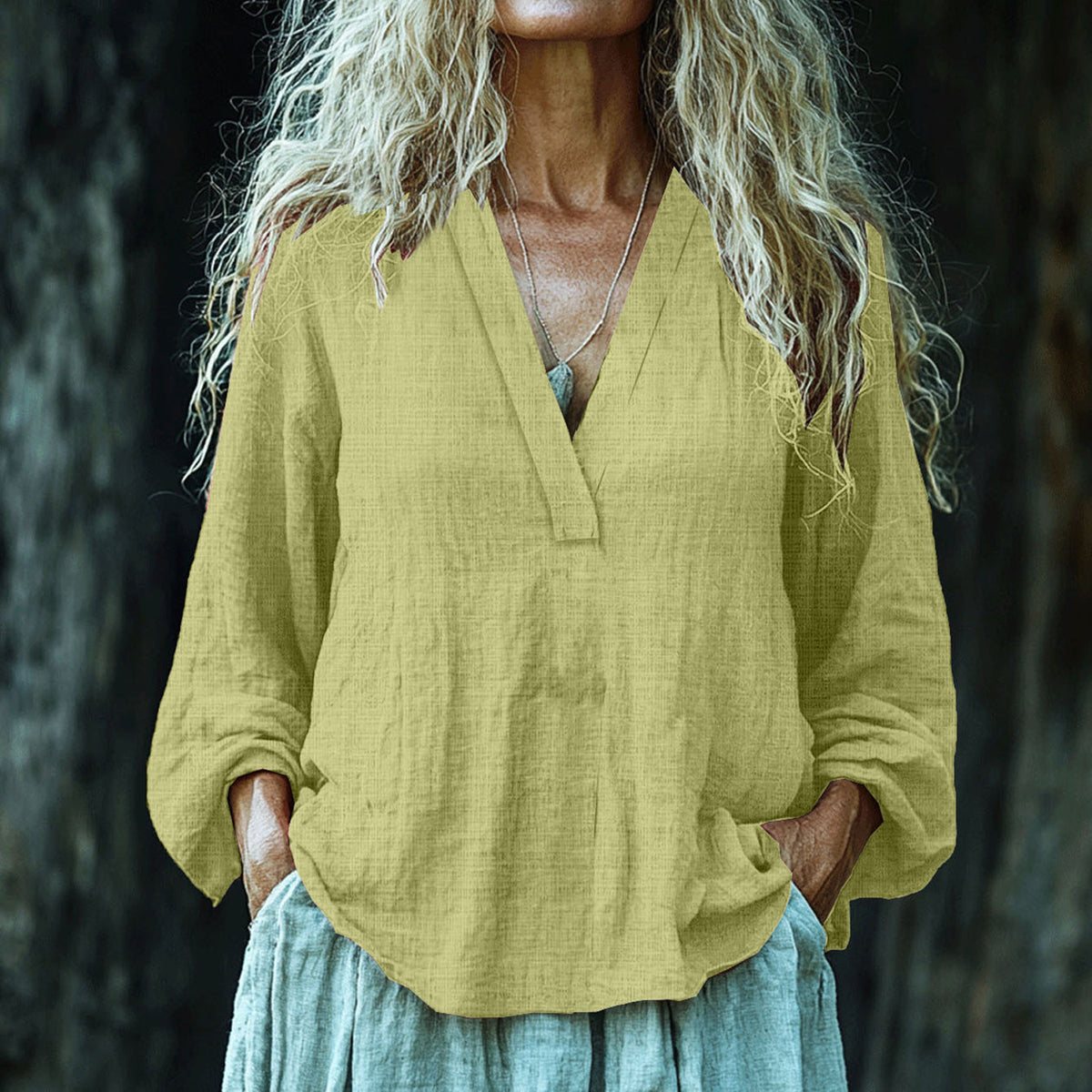 Vintage Elegant Art Linen V Neck Shirt artswardrobe