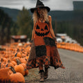 Vintage Halloween Pumpkin Face Patchwork Art Linen Sleeve Dress artswardrobe