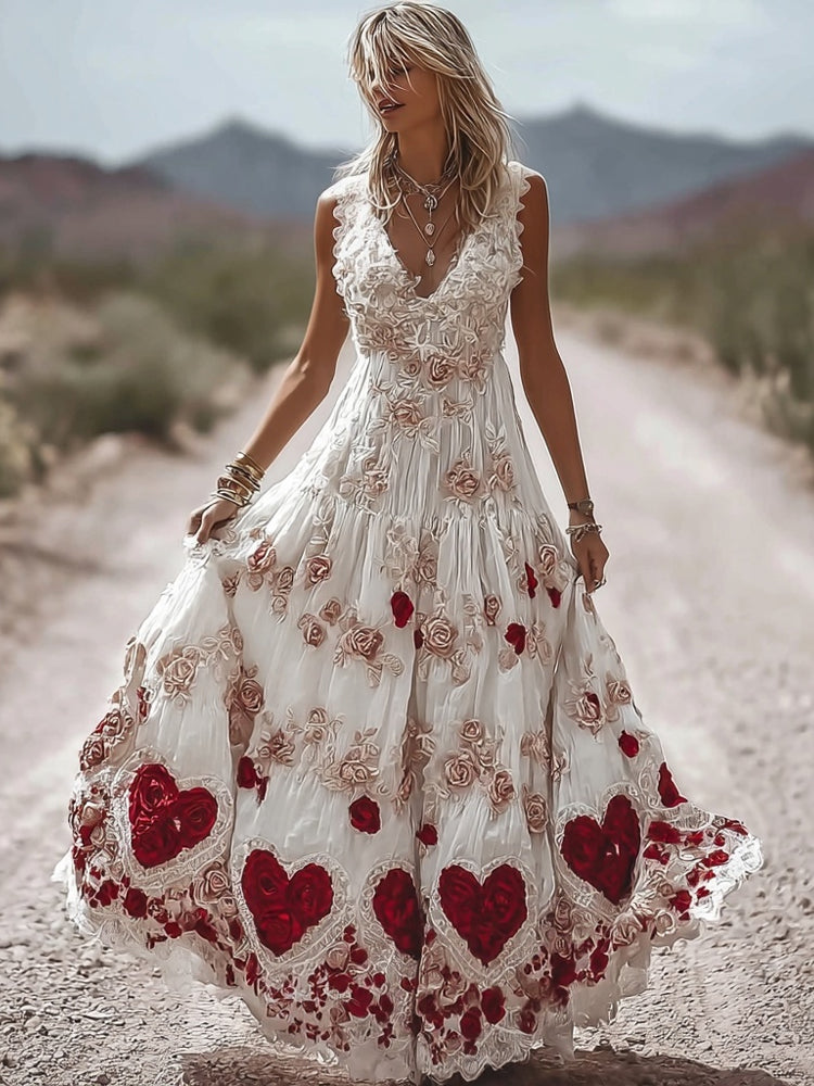 Valentine's Day Hearts & Flowers Embroidered Lace Tank Maxi Dress elevenforest