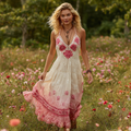 Pink Rose Embroidery V-neck Gradient Suspender Maxi Dress artswardrobe