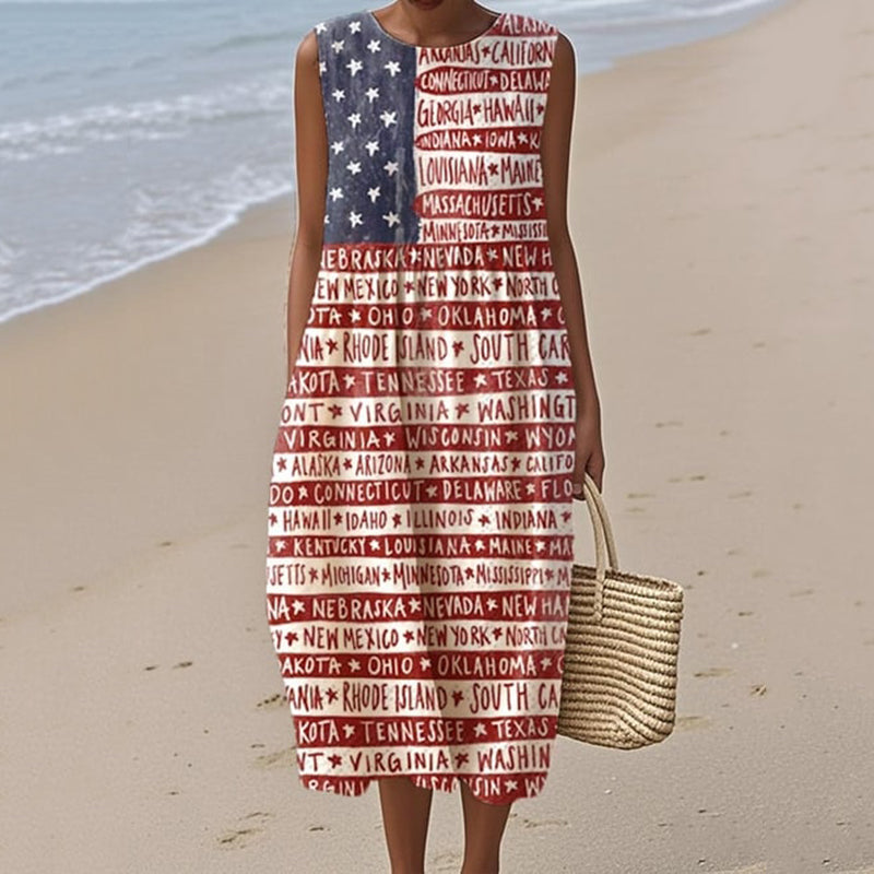 Women's Independence Day Printed Cotton Linen Dress artswardrobe