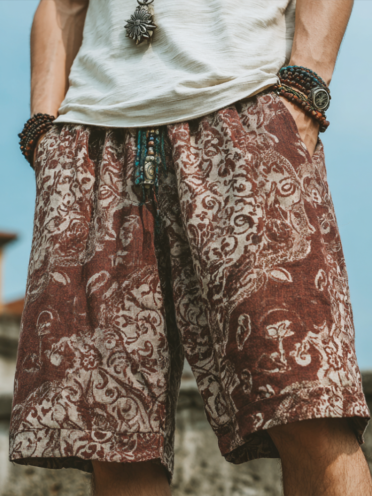 Western Bohemian Style Plant And Flower Pattern Retro Cotton And Linen Loose Wide-leg Shorts artswardrobe