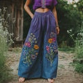 Bohemian Holiday Style Linen Bohemian Floral Gradient Print Linen Long Loose Wide-leg Pants artswardrobe