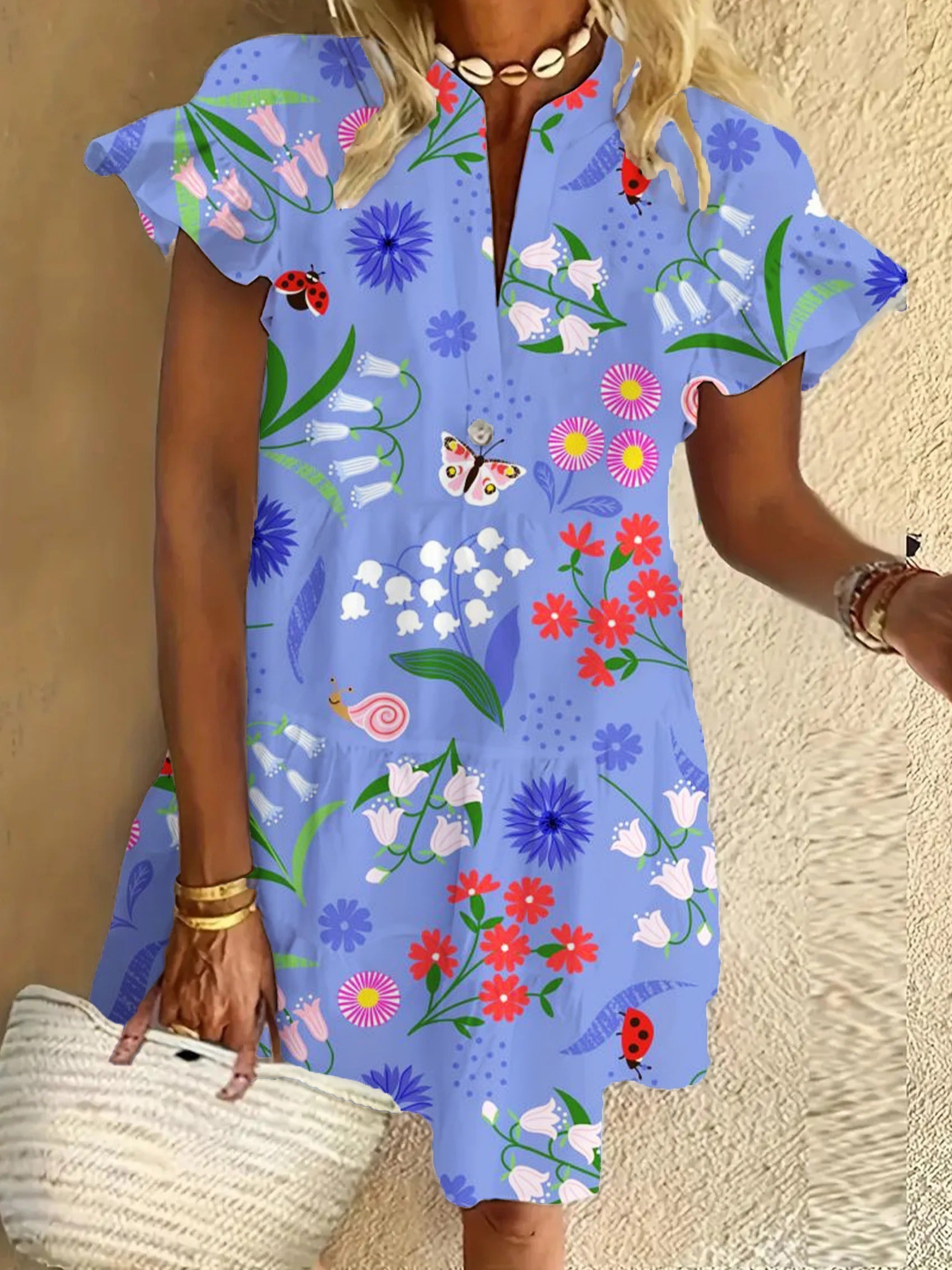 Flower Print Ruffled Short-sleeved V-neck Buttoned Dress Vacation Beach Dress