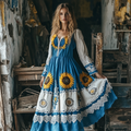 Vintage Sunflower Gradient Lace Art Linen V-neck Maxi Dress artswardrobe