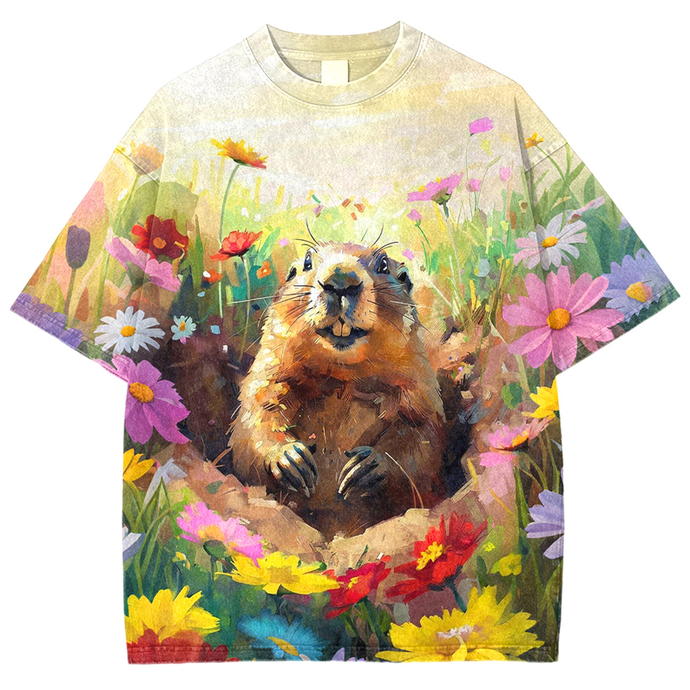 Women's Happy Groundhog Day Flowers Vintage Tee elevenforest