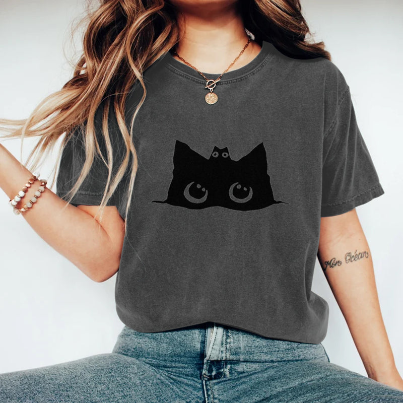 Comstylish Abstract Creative Cute Black Cat Art Print T-shirt