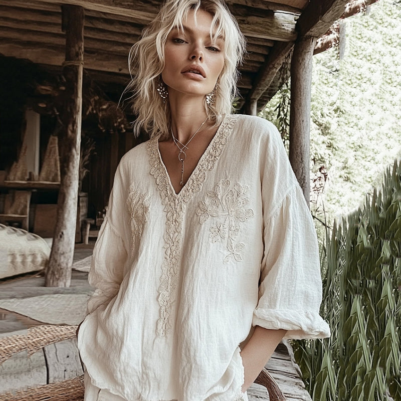 Vintage Floral Embroidered Art V Neck Cotton Linen Shirt artswardrobe
