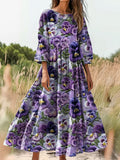 Women's Floral Print Flowy Cotton Crew Neck Dress artswardrobe