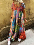 Women's Boho Vintage Colorful Collage Folk Art Print Pocket Short Slee