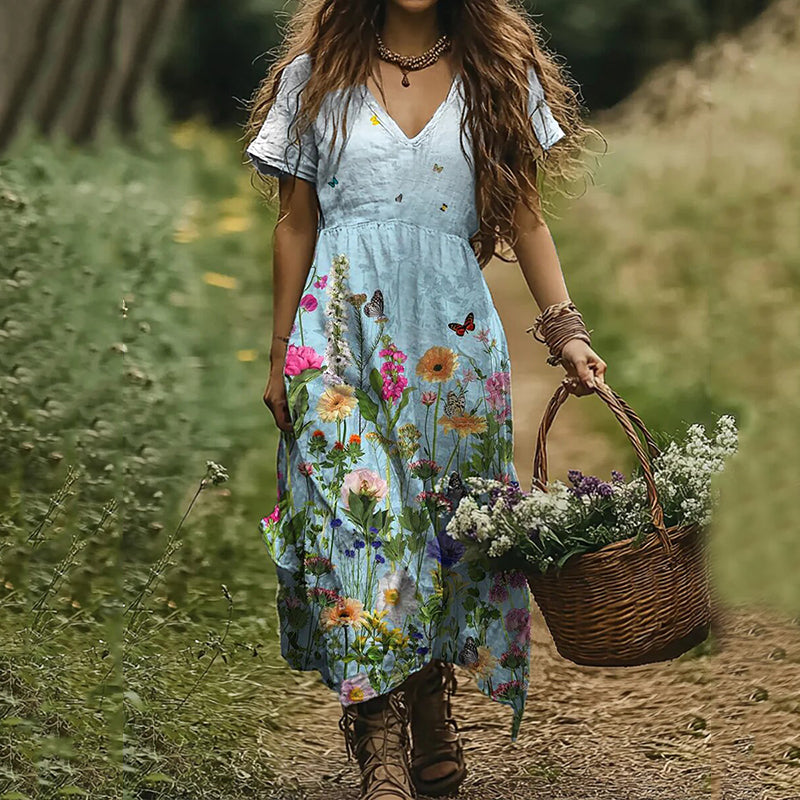 Vintage Wildflowers And Butterflies Art Linen V-neck Dress artswardrobe