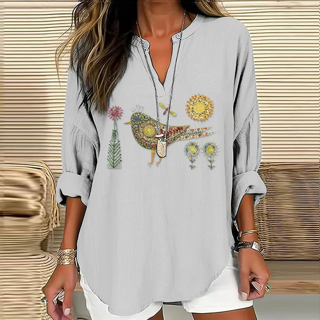 Women's Vintage Ethnic Floral Bird Art Embroidery V-neck Shirt artswardrobe