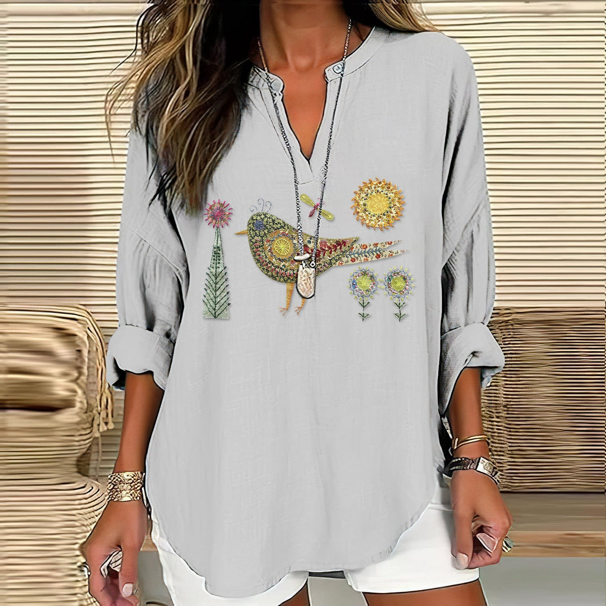 Women's Vintage Ethnic Floral Bird Art Embroidery V-neck Shirt artswardrobe
