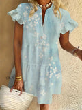 Retro Flower Ruffled Short-sleeved V-neck Buttoned Dress Vacation Beach Dress
