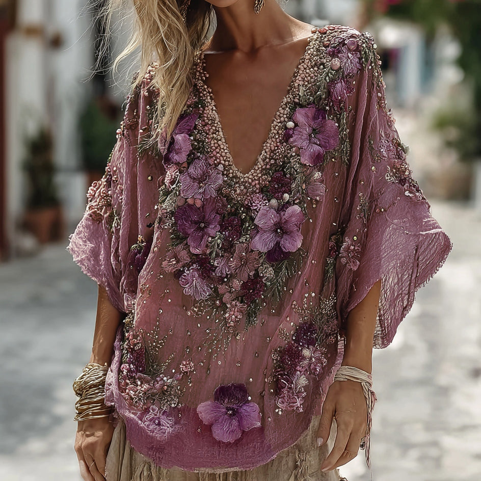 Women's Pansy Embroidered Sequined Short Sleeve T-shirt artswardrobe