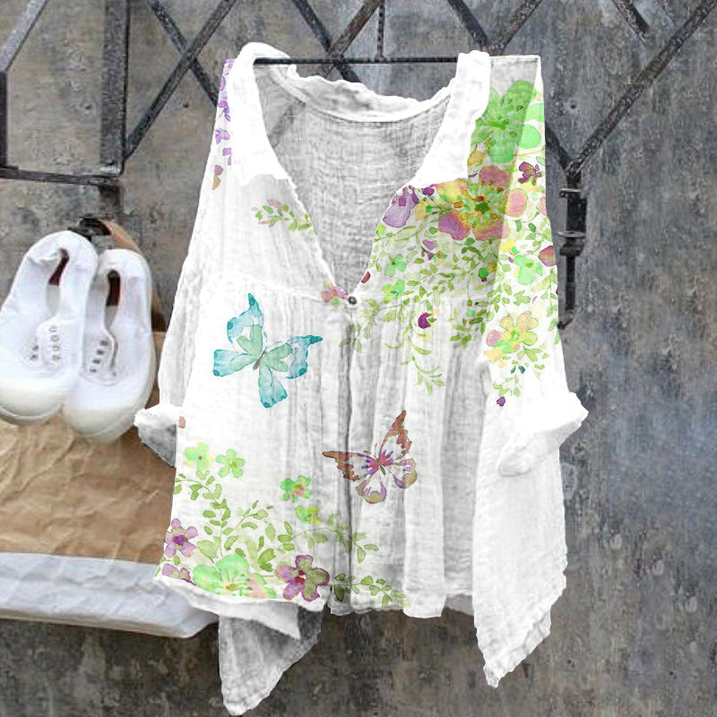 Comstylish Butterfly Retro Cotton Linen Casual Floral Print Cotton Linen  Shirt
