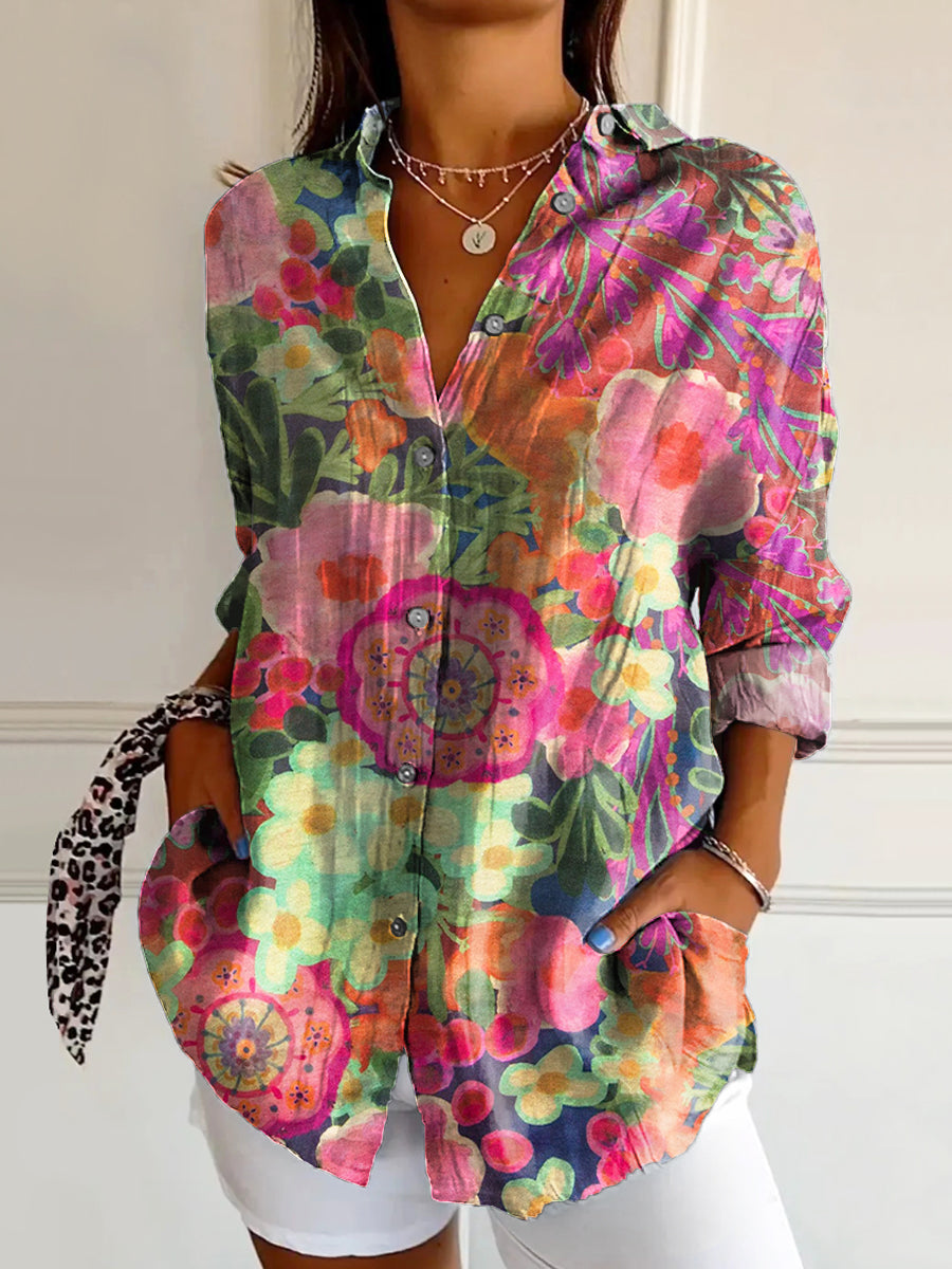 Women's Bohemian Watercolor Floral Art Print Casual Cotton Shirt