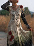 Comstylish Vintage Skeleton Roses Glitter Gradient Flowy Maxi Dress