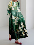 Comstylish Vintage Crane Art Pattern Linen Blend Maxi Dress