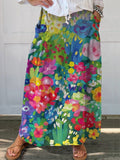 Women's Vintage Lovely Floral Art Print Linen Pocket Skirt