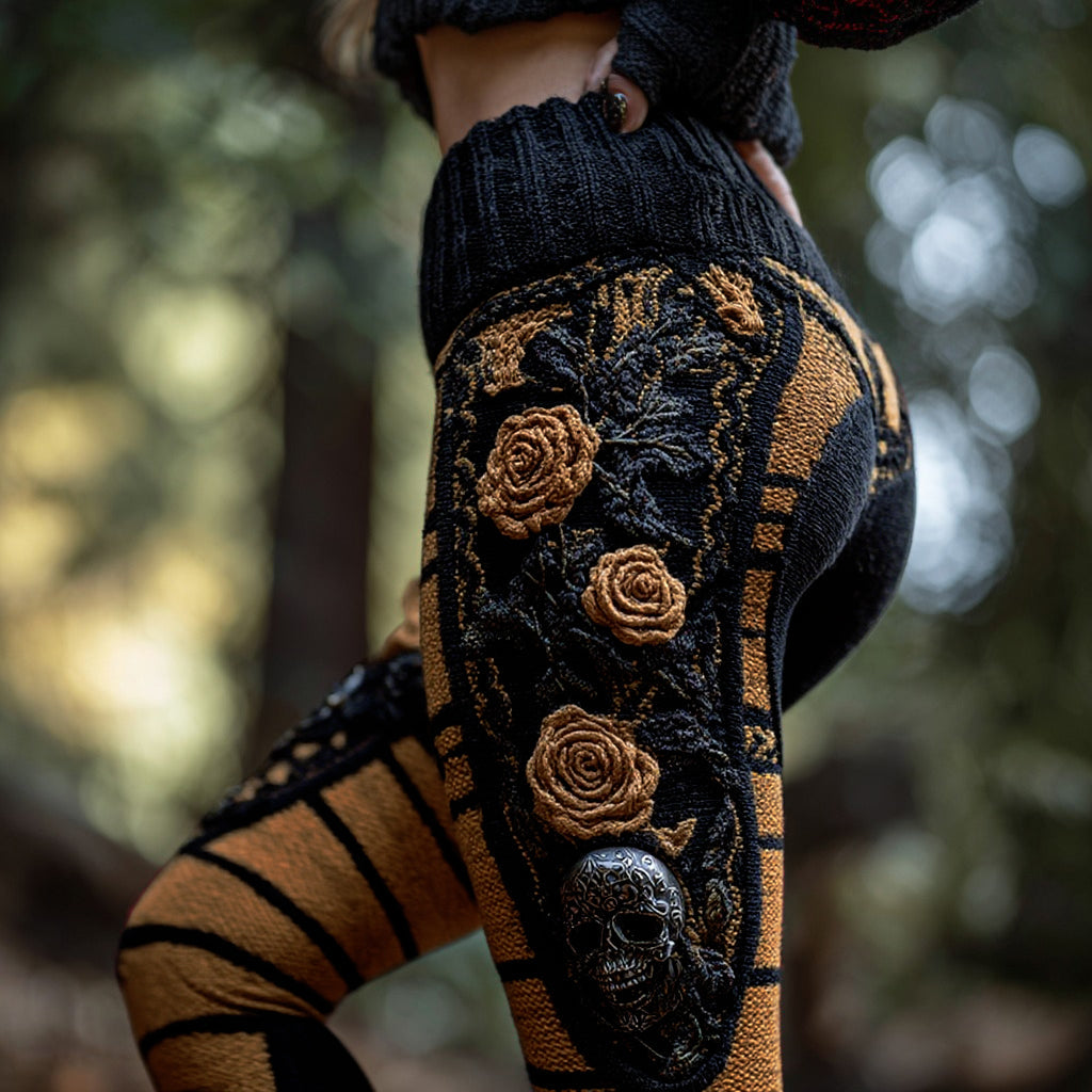 Women's Vintage Sugar Skull And Rose Pattern Comfortable Leggings elevenforest