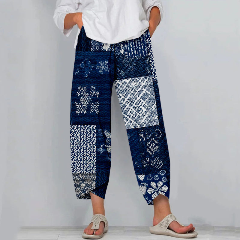 Comstylish Vintage Japanese Sashiko Patchwork Linen Cropped Pants